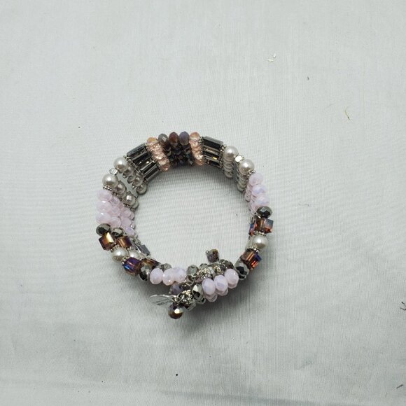 Ali Khan 5 row glass pearl Pink beaded wired wrap opened bracelet - Picture 4 of 7